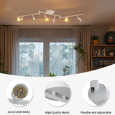 Ceiling light fixture with three lights in a room with curtains and a bookshelf.